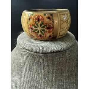 Wide Brass Cuff Bracelet Hand Painted Enamel Colorful Ethnic Boho Chunky